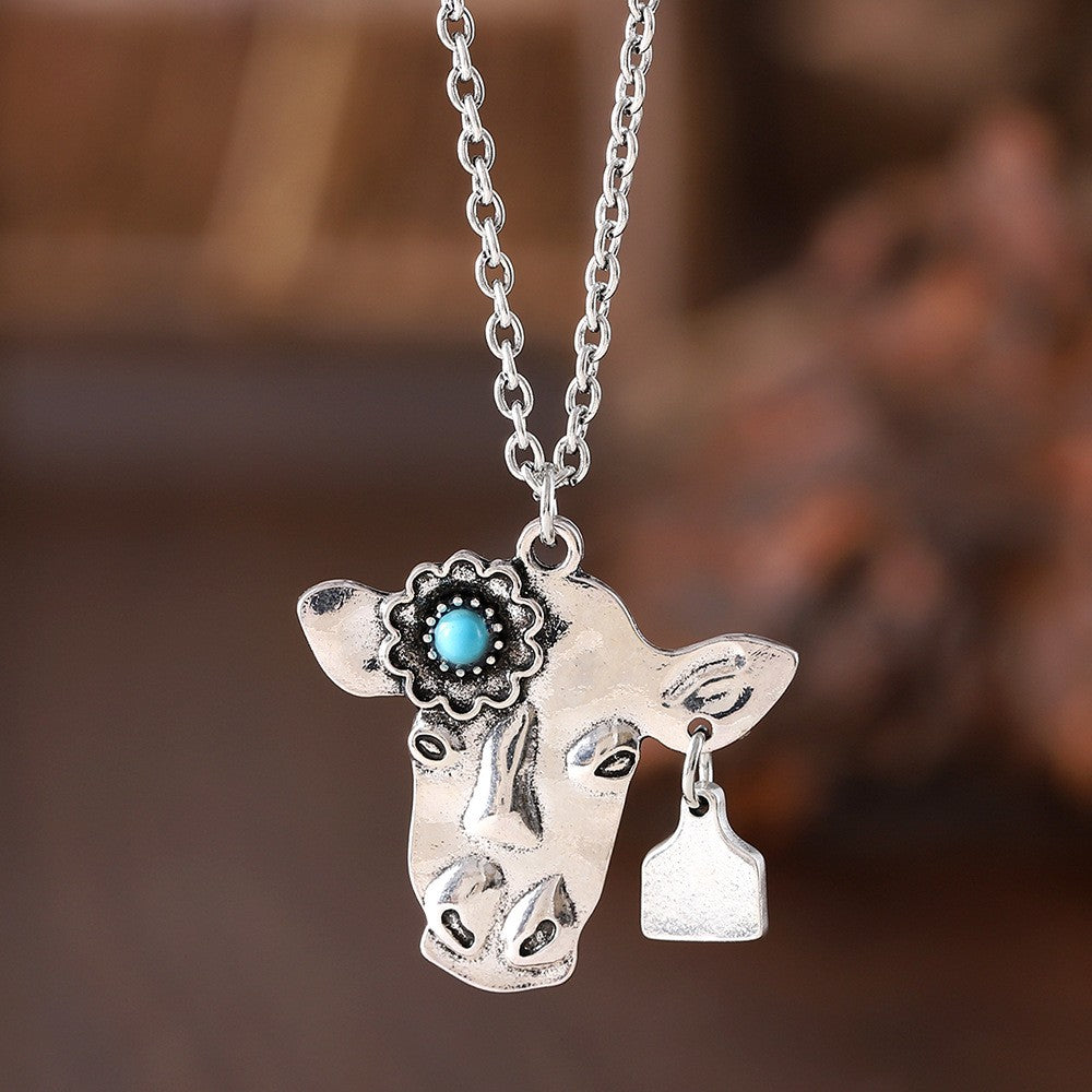 Vintage Turquoise Cow Head Necklace