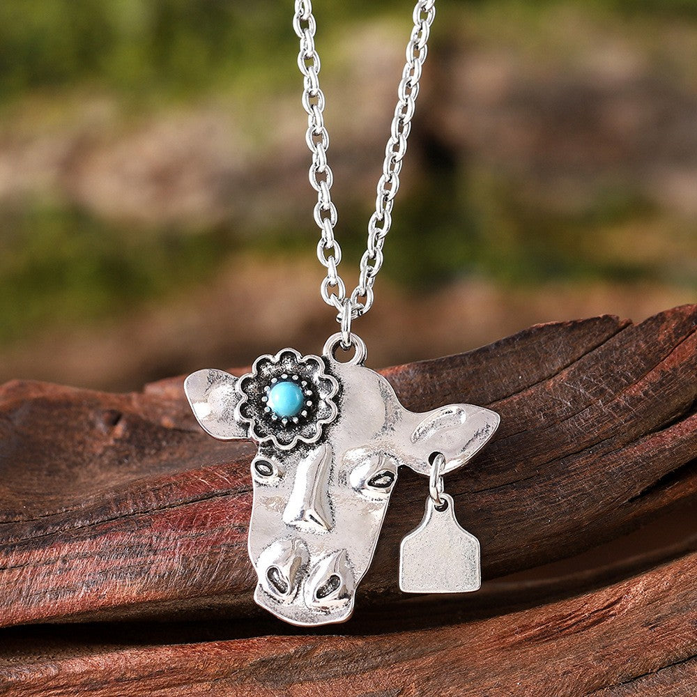 Vintage Turquoise Cow Head Necklace