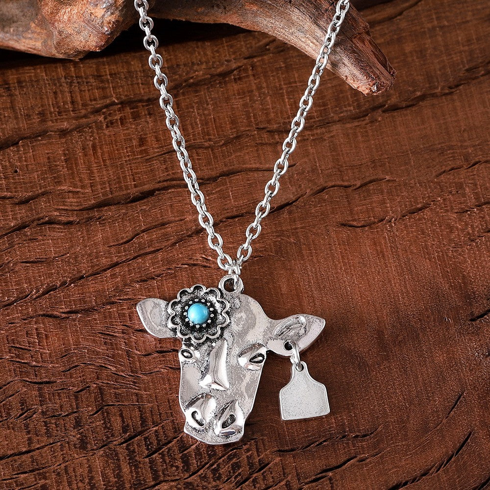 Vintage Turquoise Cow Head Necklace