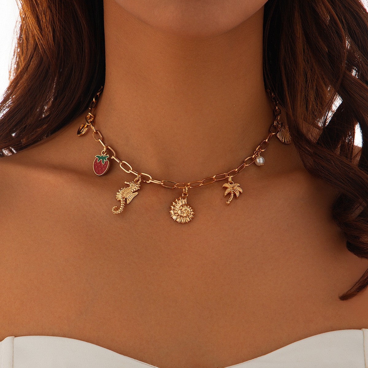 Boho Layered Strawberry & Shell Charm Necklace