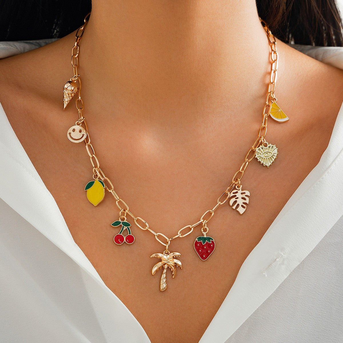 Boho Layered Strawberry & Shell Charm Necklace