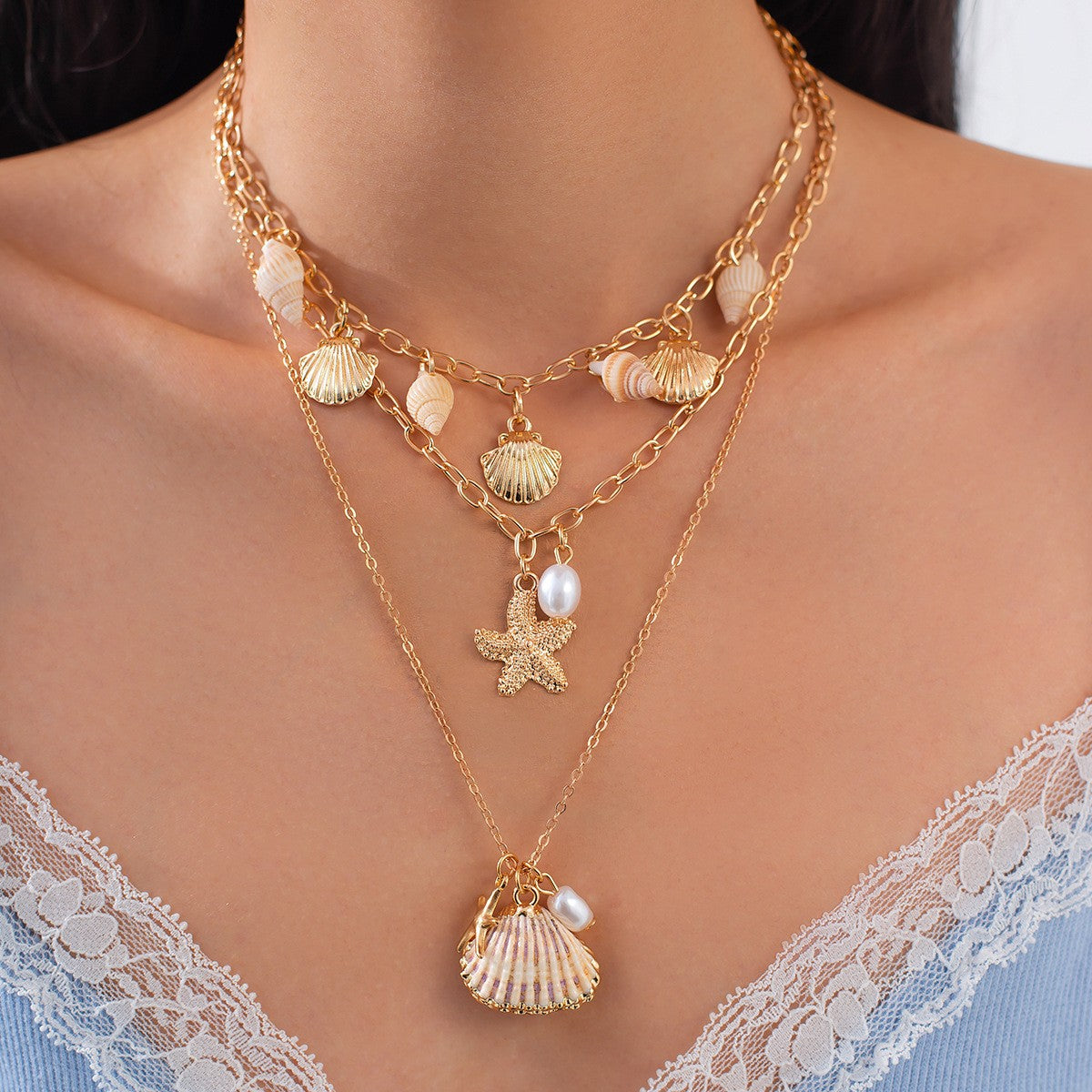 Boho Layered Strawberry & Shell Charm Necklace