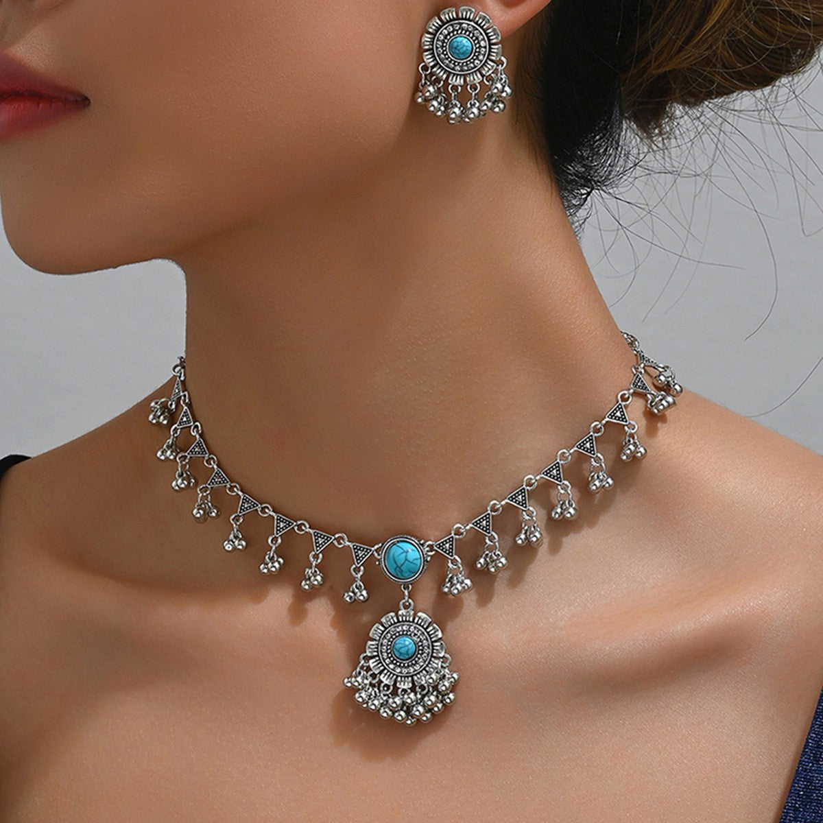 Boho Sky Blue Fringe Necklace & Earring Set