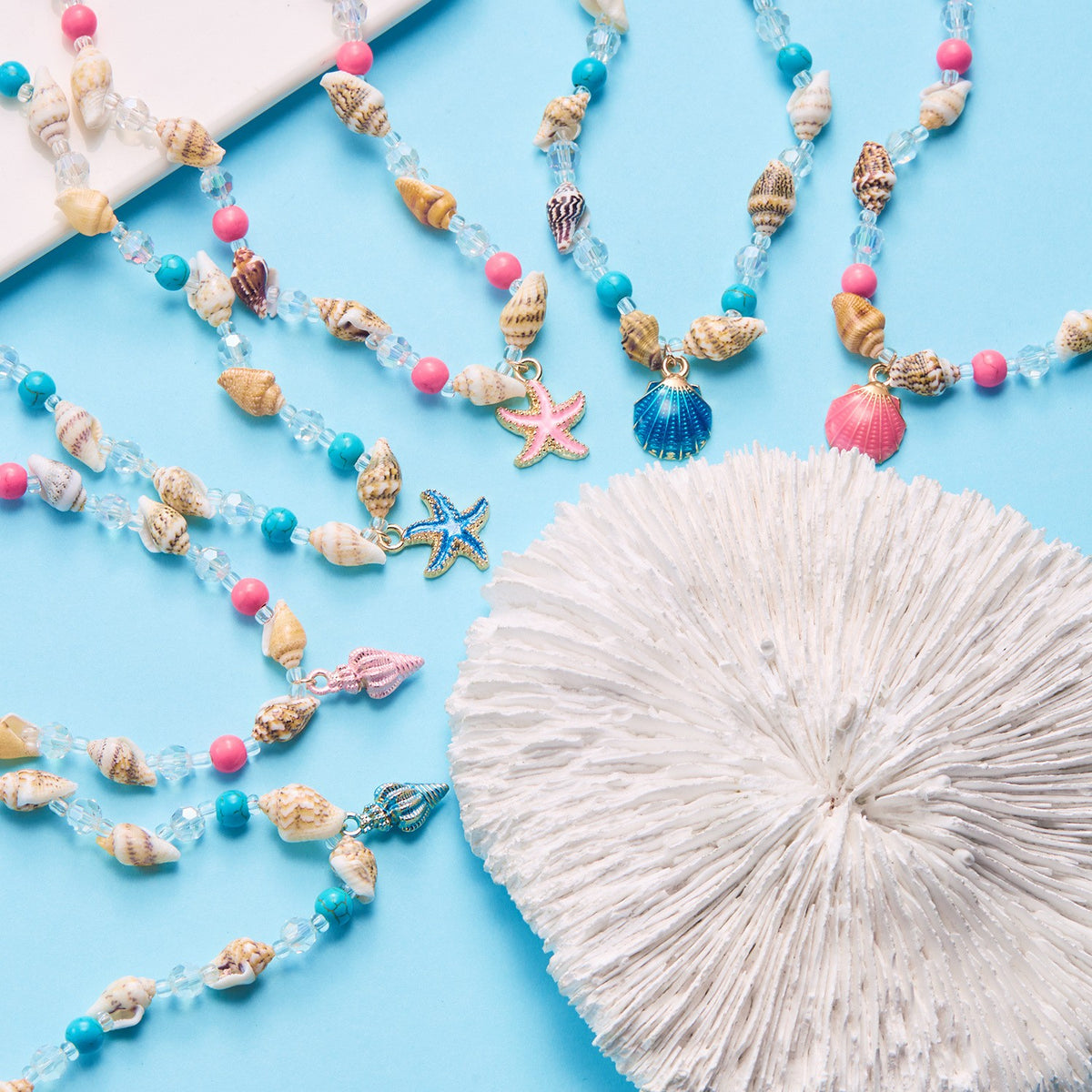 Boho Blue Starfish Shell Necklace Bracelet Set