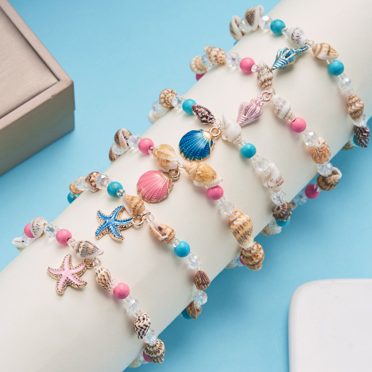 Boho Blue Starfish Shell Necklace Bracelet Set
