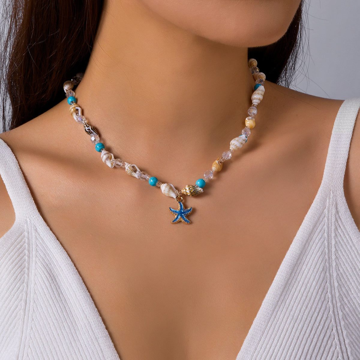 Boho Blue Starfish Shell Necklace Bracelet Set