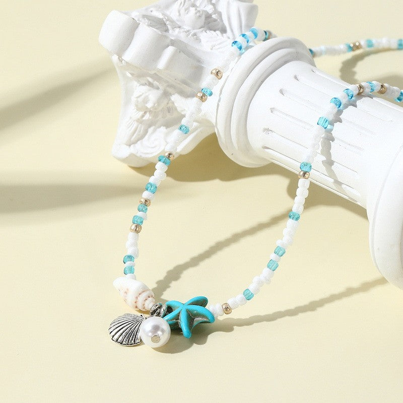 Boho Blue Starfish Shell Necklace Bracelet Set