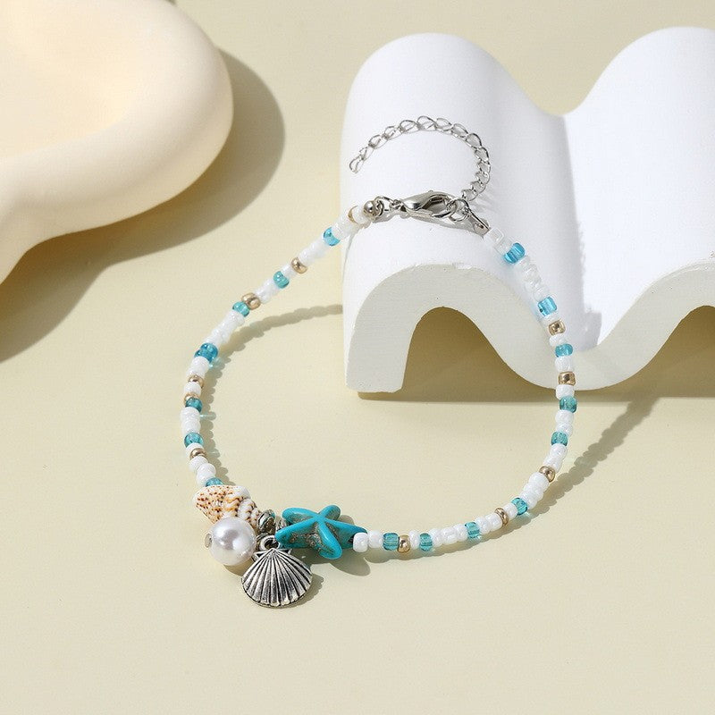 Boho Blue Starfish Shell Necklace Bracelet Set
