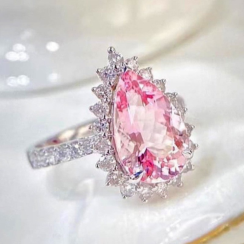 Romantic Pink Pear Cut Halo Ring