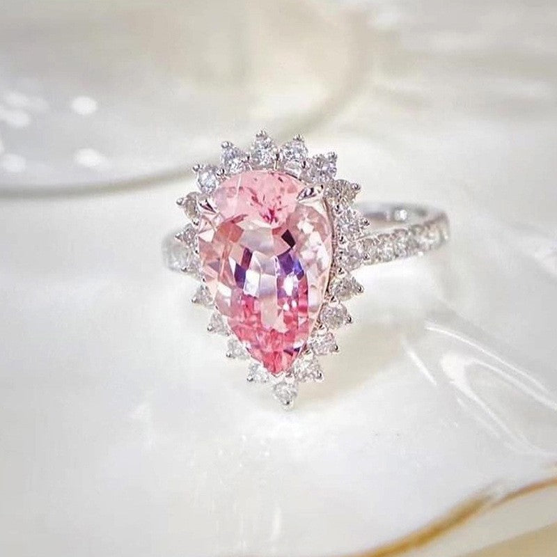 Romantic Pink Pear Cut Halo Ring