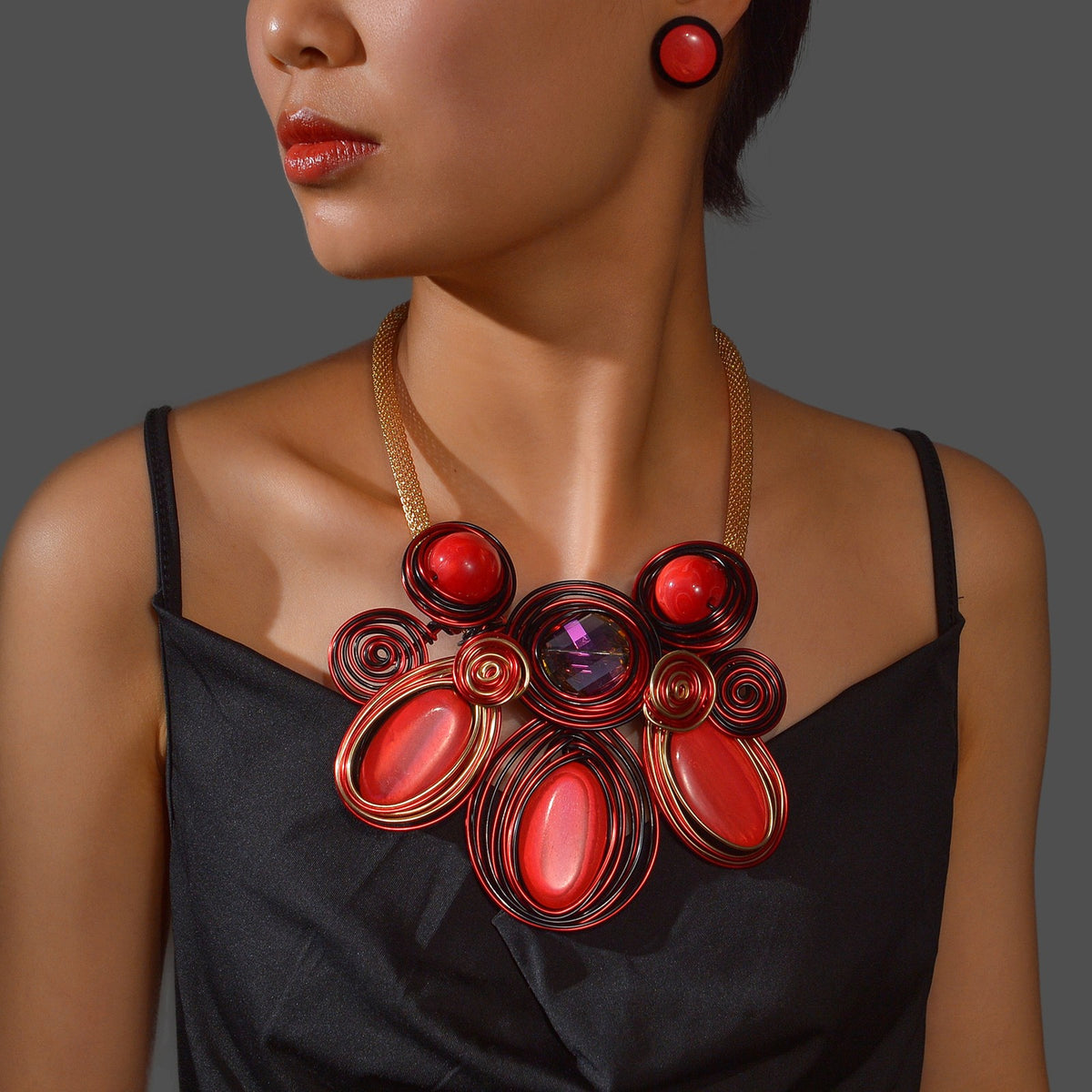 Classy Blue Wire Wrapped Spiral Necklace & Earring Set