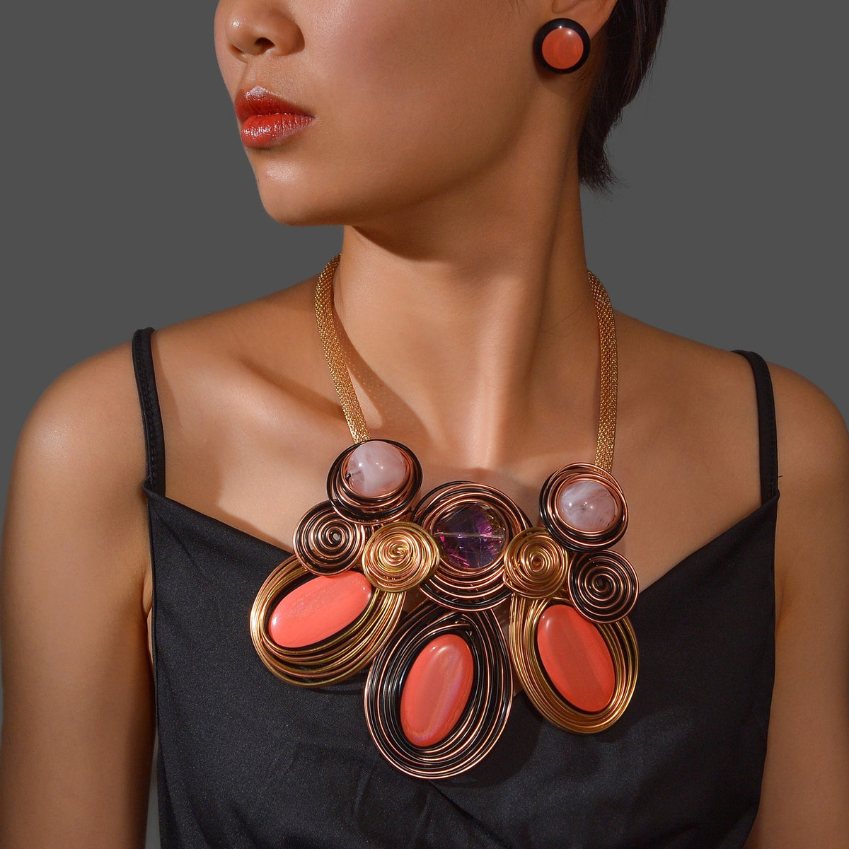 Classy Blue Wire Wrapped Spiral Necklace & Earring Set