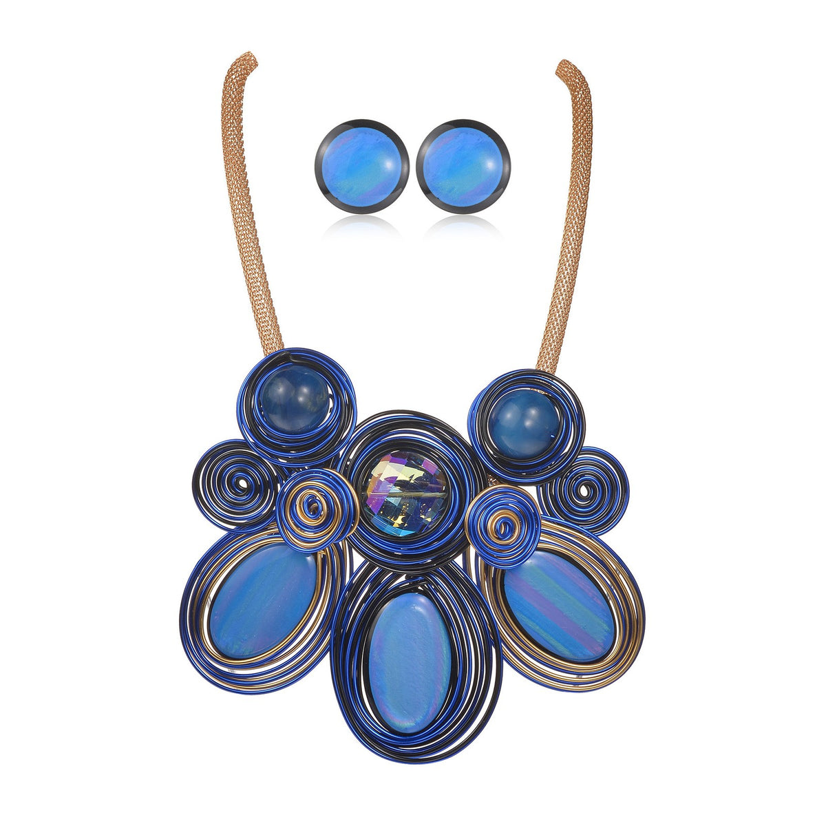 Classy Blue Wire Wrapped Spiral Necklace & Earring Set