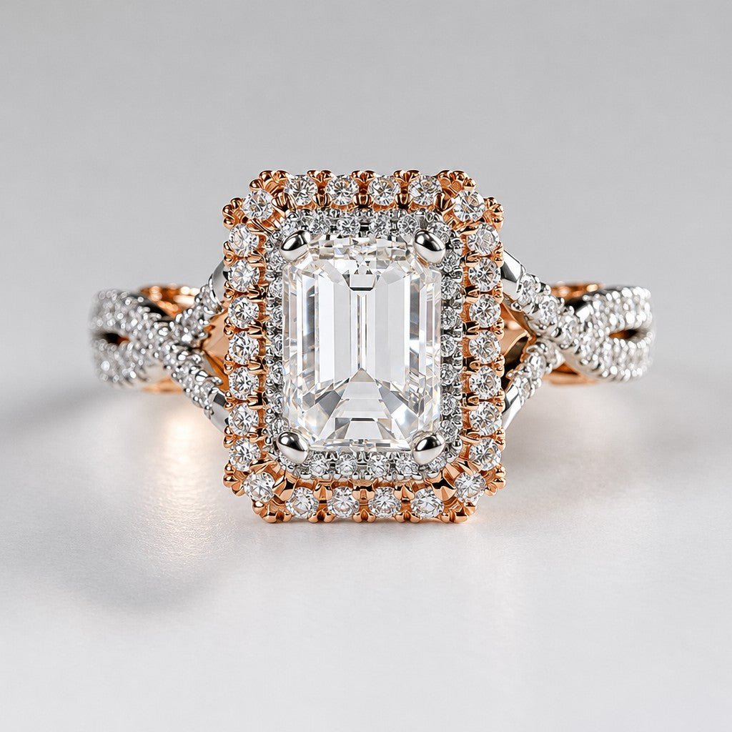 Classy Two-Tone Emerald Cut Halo Ring