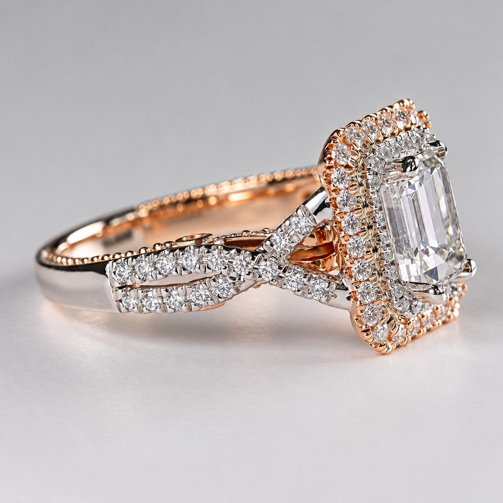 Classy Two-Tone Emerald Cut Halo Ring