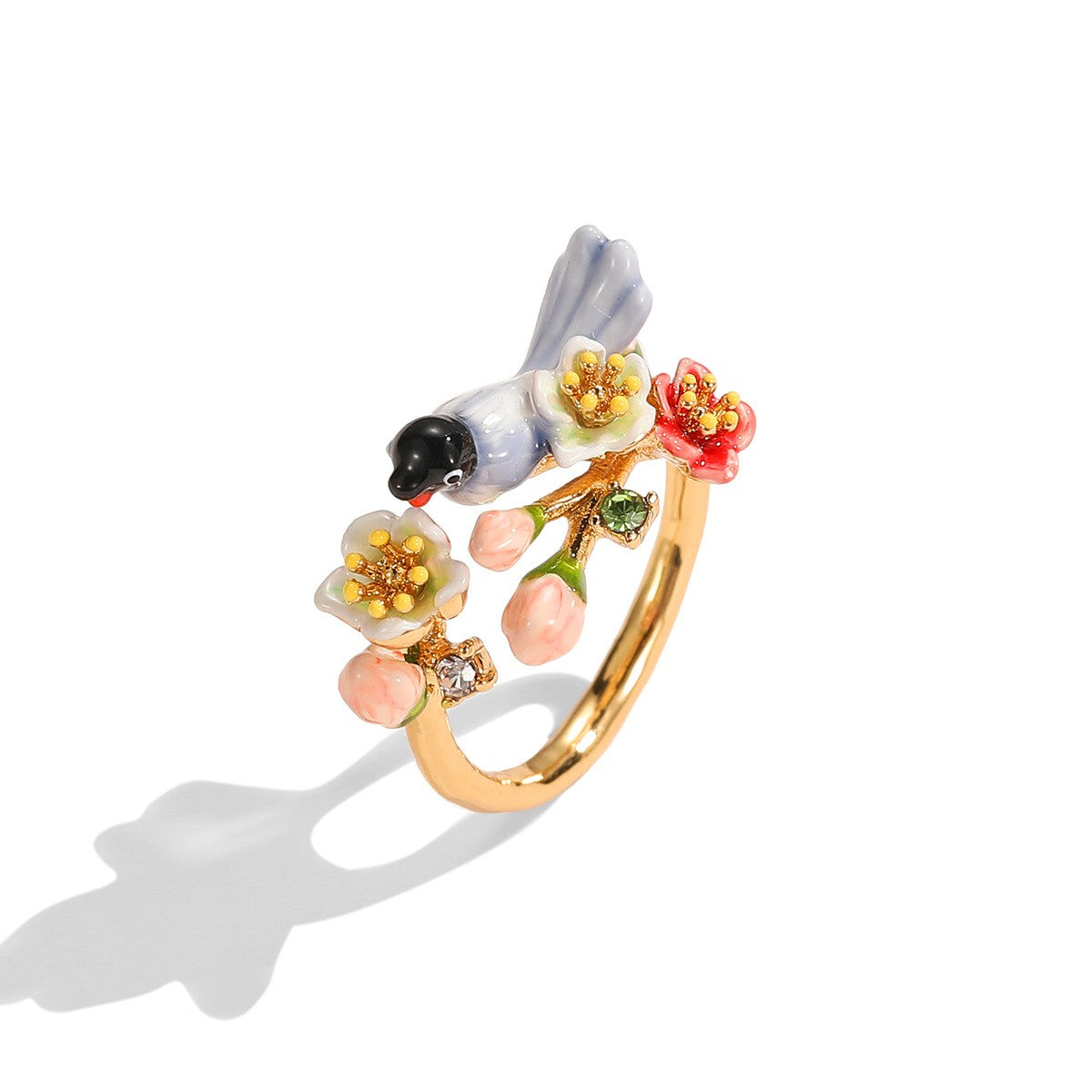 Romantic Enamel Bird Floral Ring
