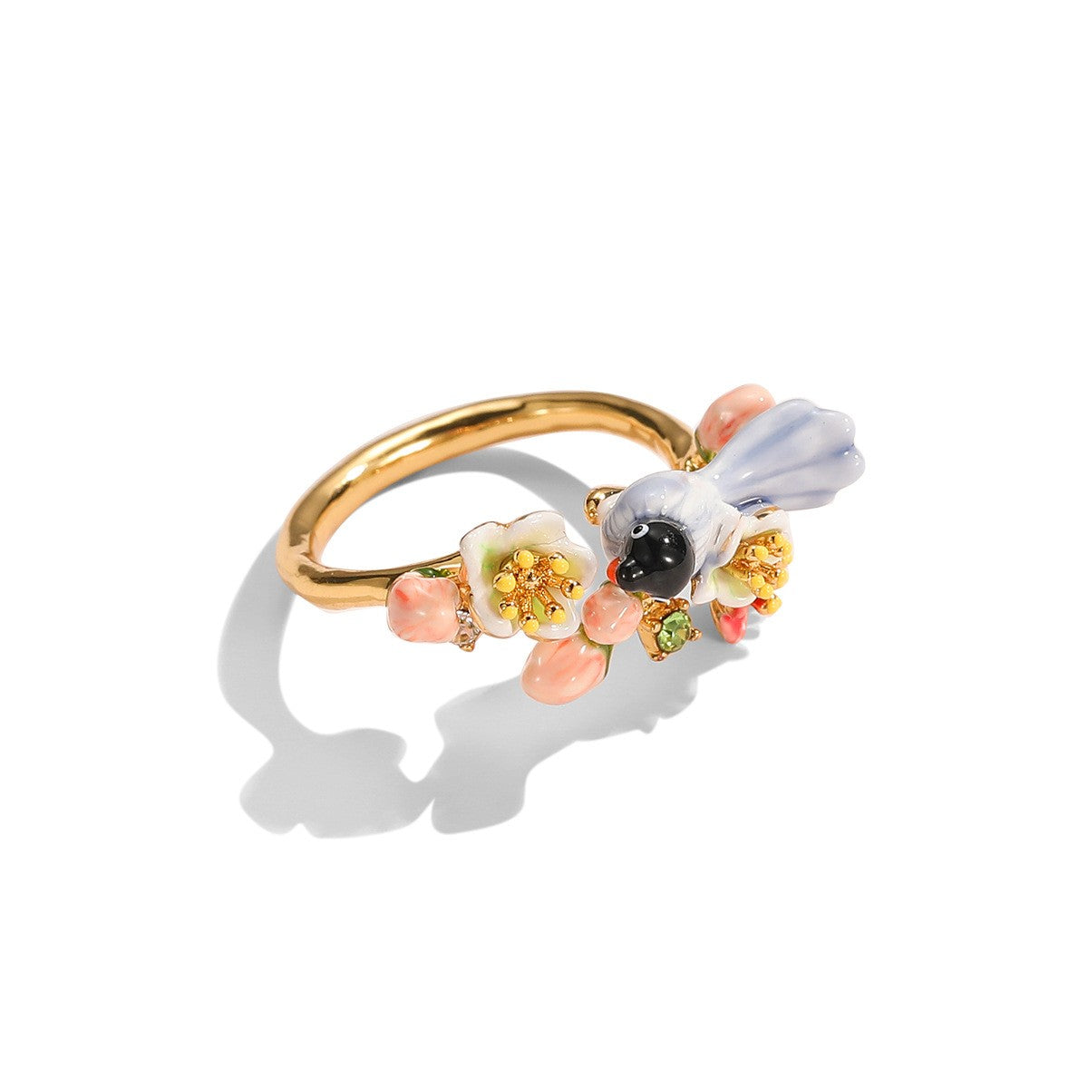 Romantic Enamel Bird Floral Ring