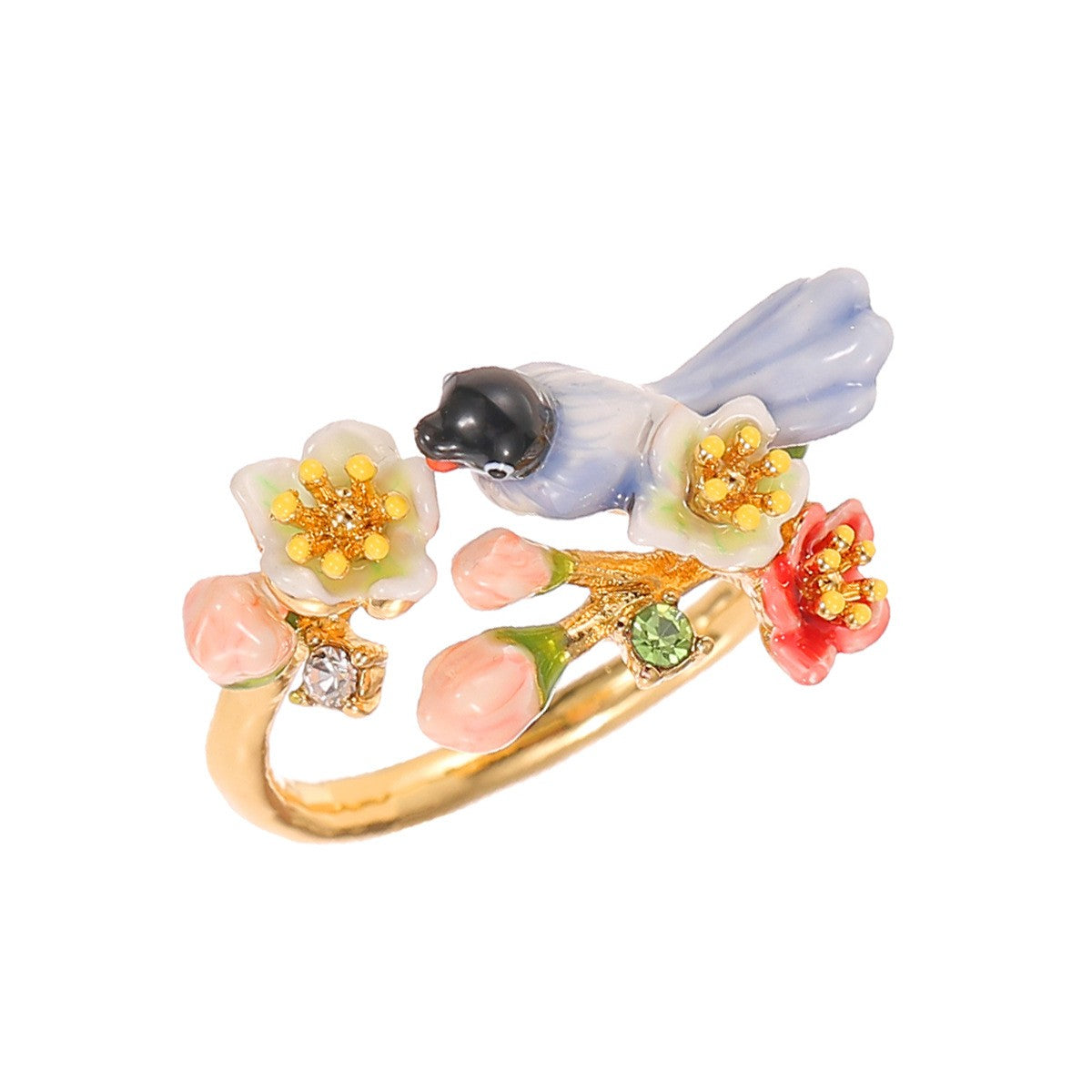 Romantic Enamel Bird Floral Ring