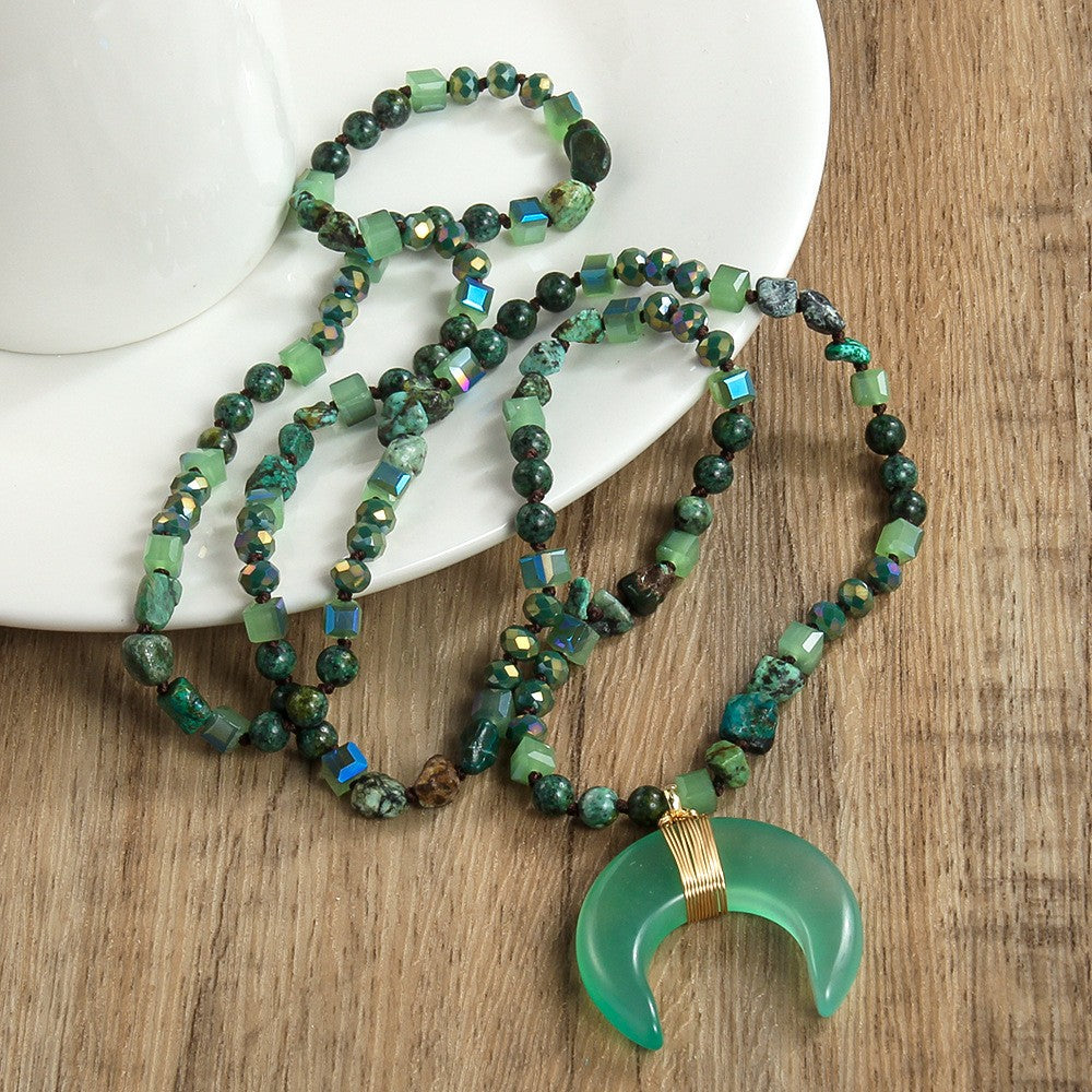 Boho Green Agate Crescent Necklace