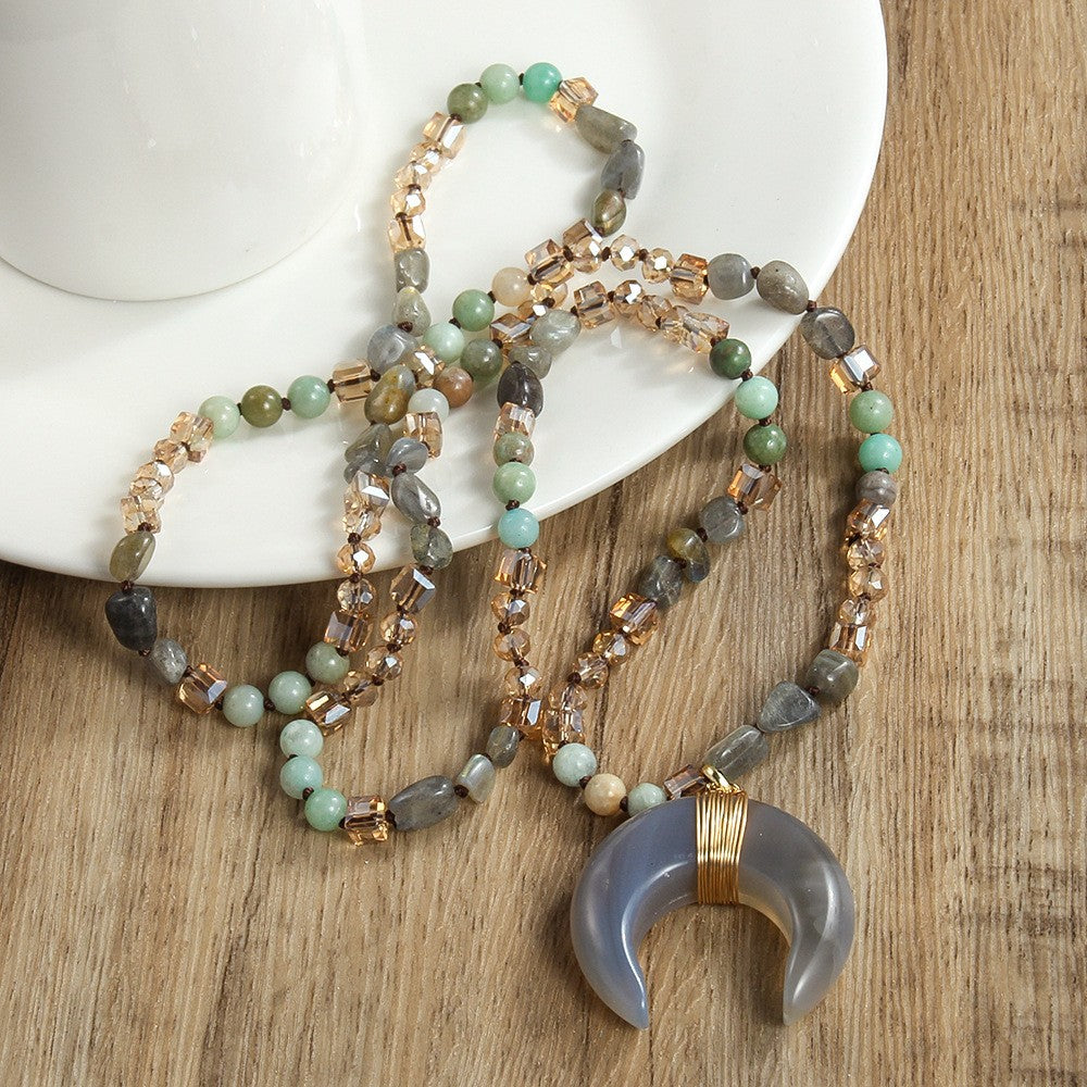Boho Green Agate Crescent Necklace