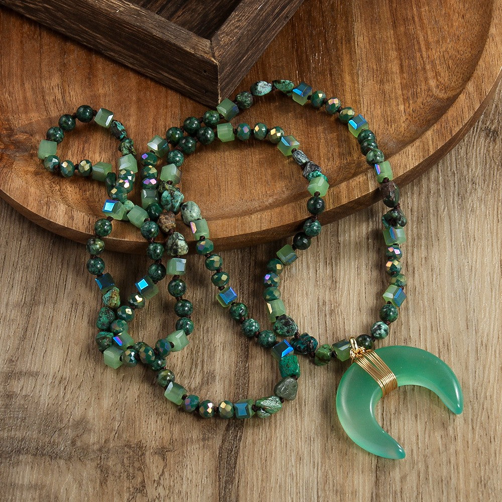 Boho Green Agate Crescent Necklace