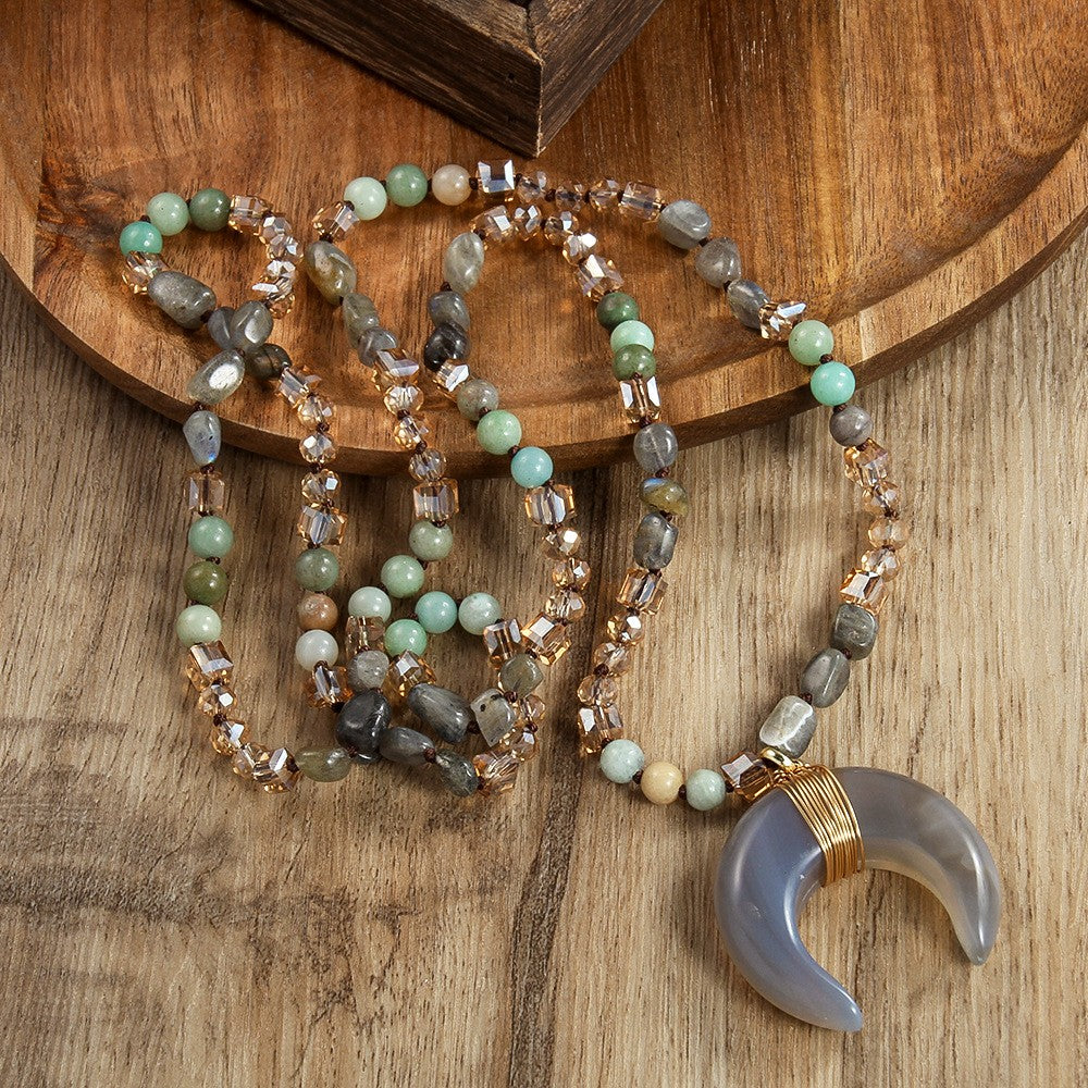 Boho Green Agate Crescent Necklace