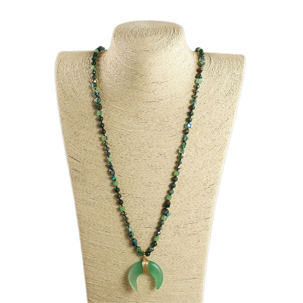 Boho Green Agate Crescent Necklace