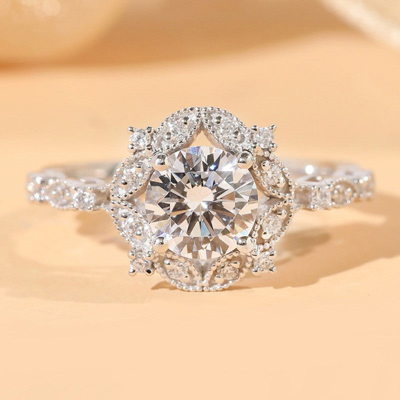 Romantic Floral Halo Solitaire Ring