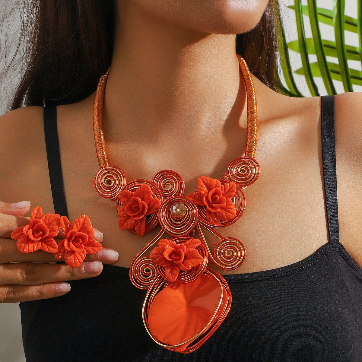 Boho Resin Floral Collar Necklace & Earring Set