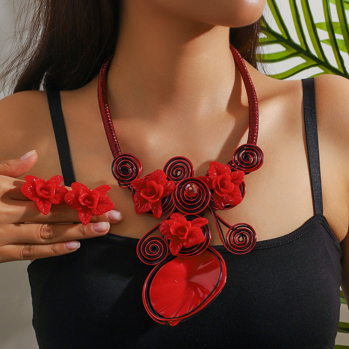 Boho Resin Floral Collar Necklace & Earring Set