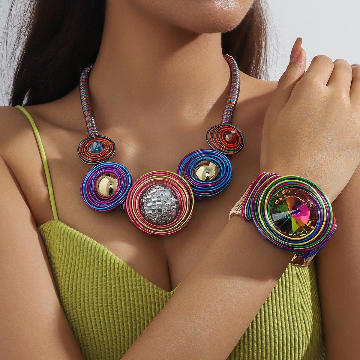 Boho Geometric Glass Necklace Bracelet Set