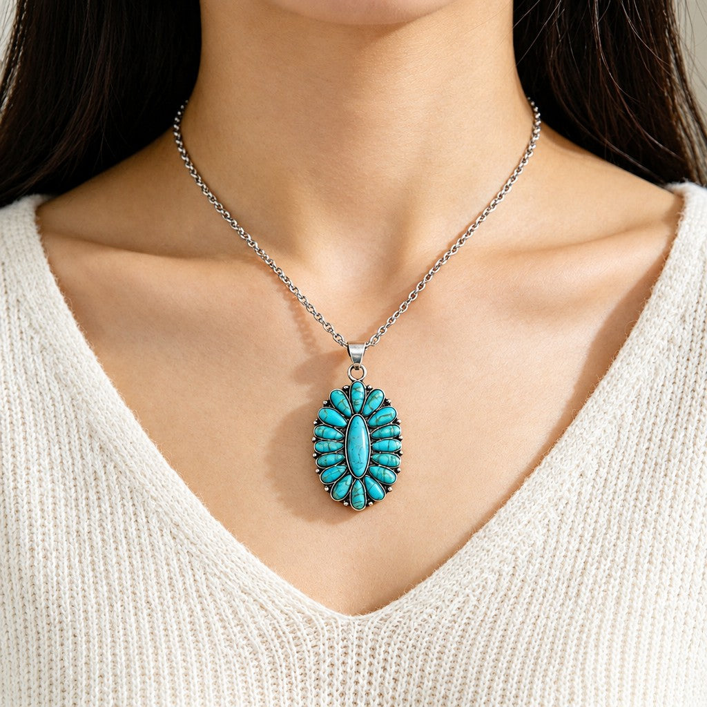 Boho Turquoise Oval Cluster Necklace