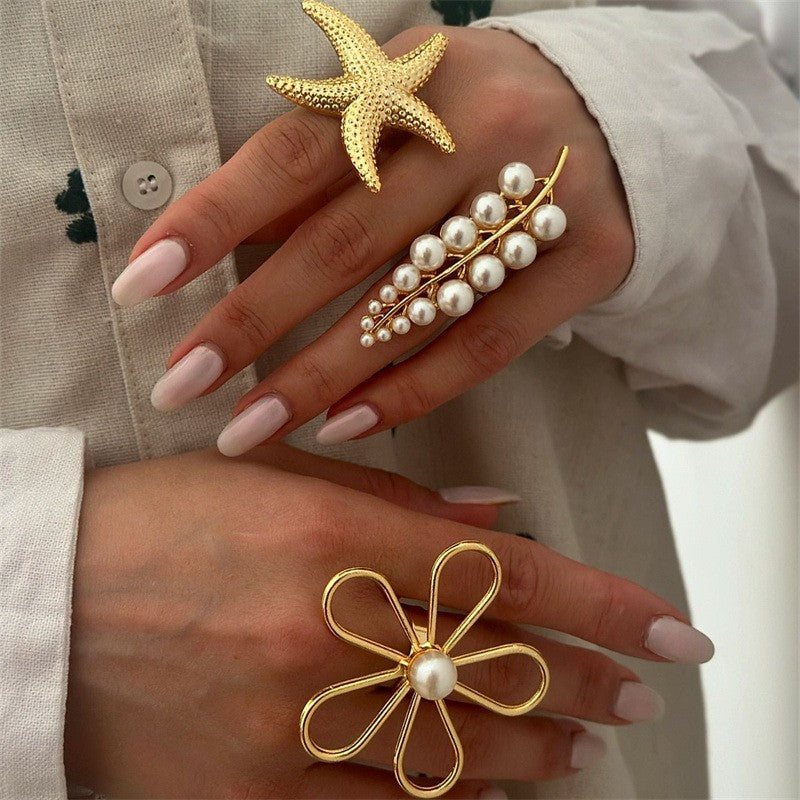 Boho Floral Pearl Statement Ring Set