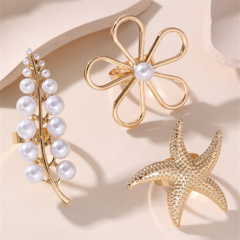 Boho Floral Pearl Statement Ring Set