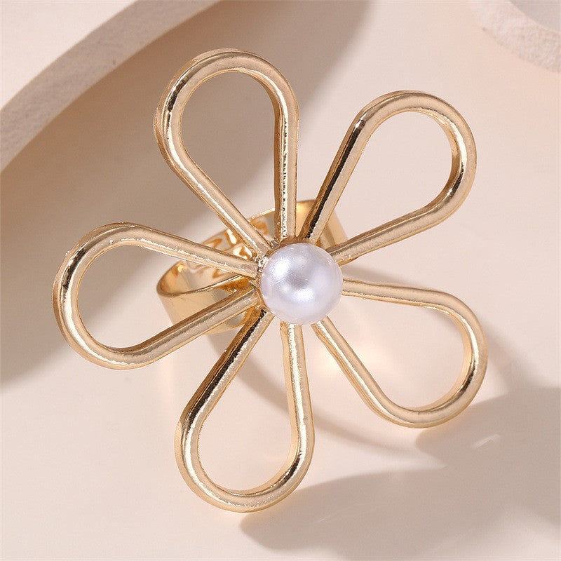 Boho Floral Pearl Statement Ring Set