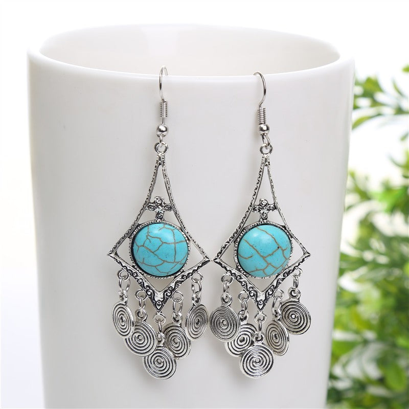 Boho Turquoise Geometric Spiral Dangle Earrings
