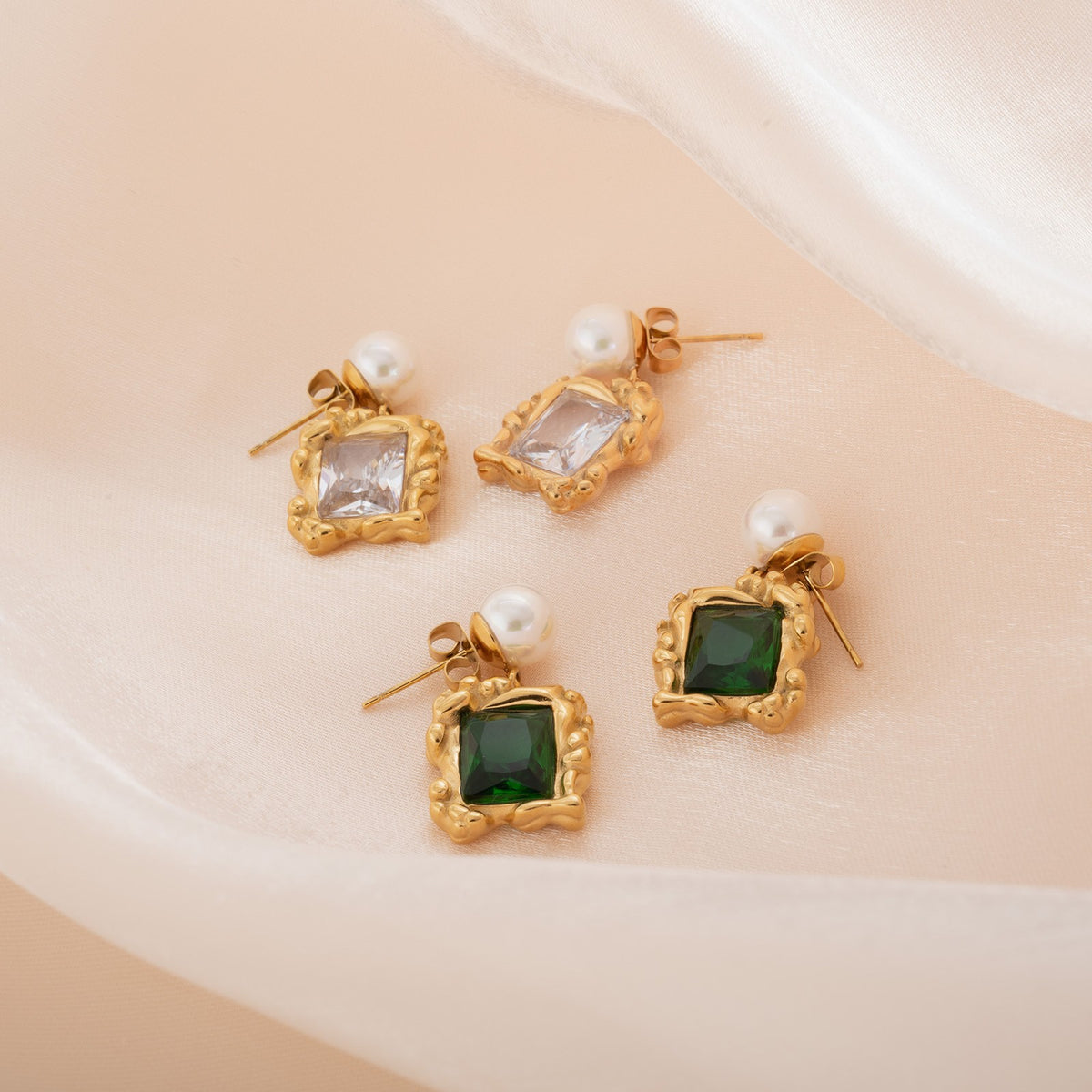 18k Classy Green Gemstone Pearl Drop Earrings