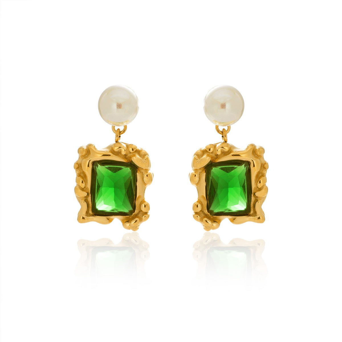 18k Classy Green Gemstone Pearl Drop Earrings