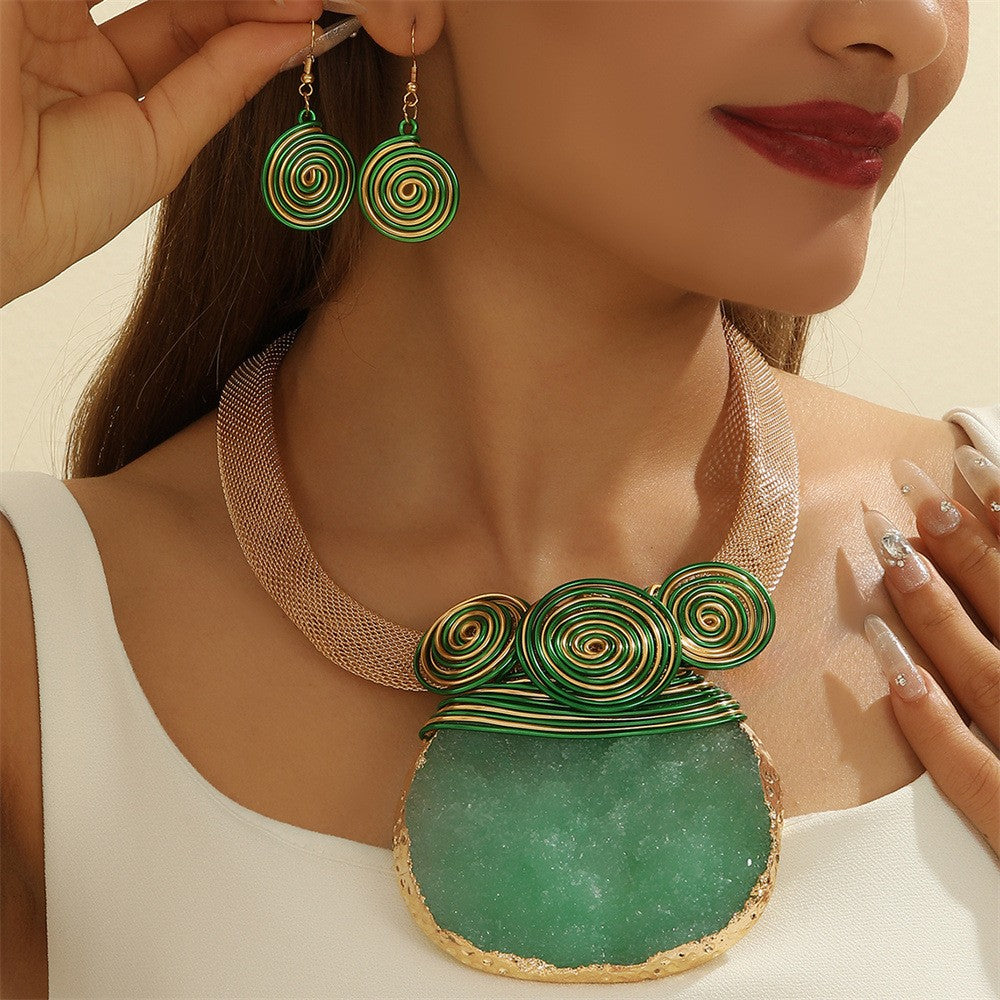 Boho Green Stone Spiral Collar Necklace & Earring Set
