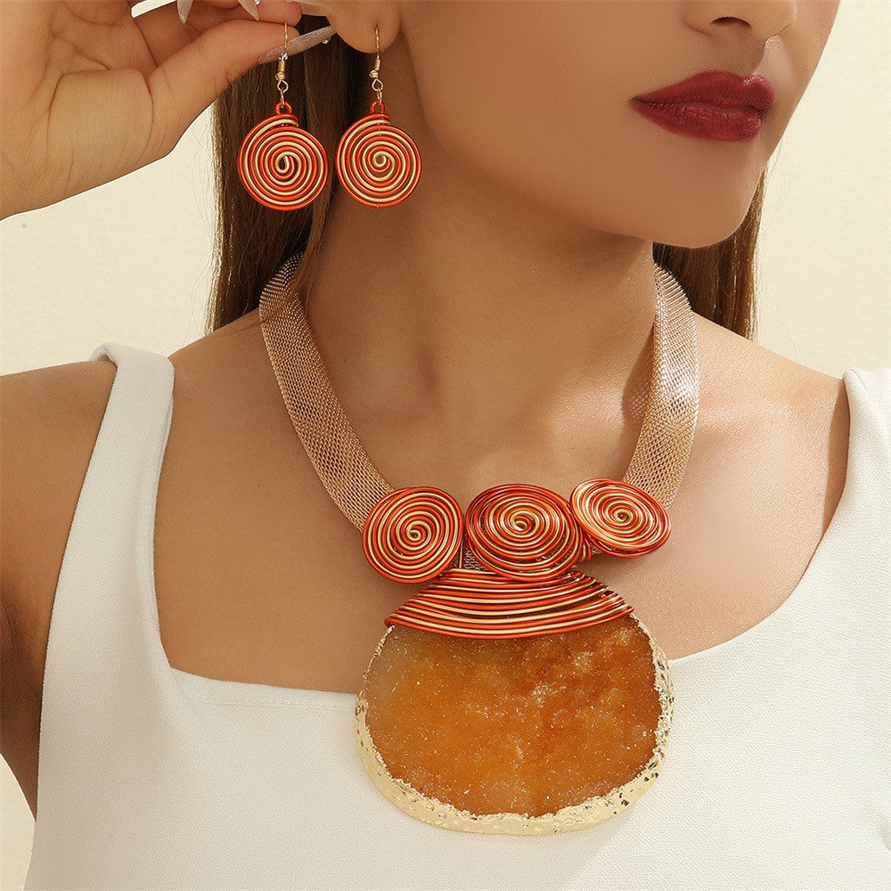 Boho Green Stone Spiral Collar Necklace & Earring Set