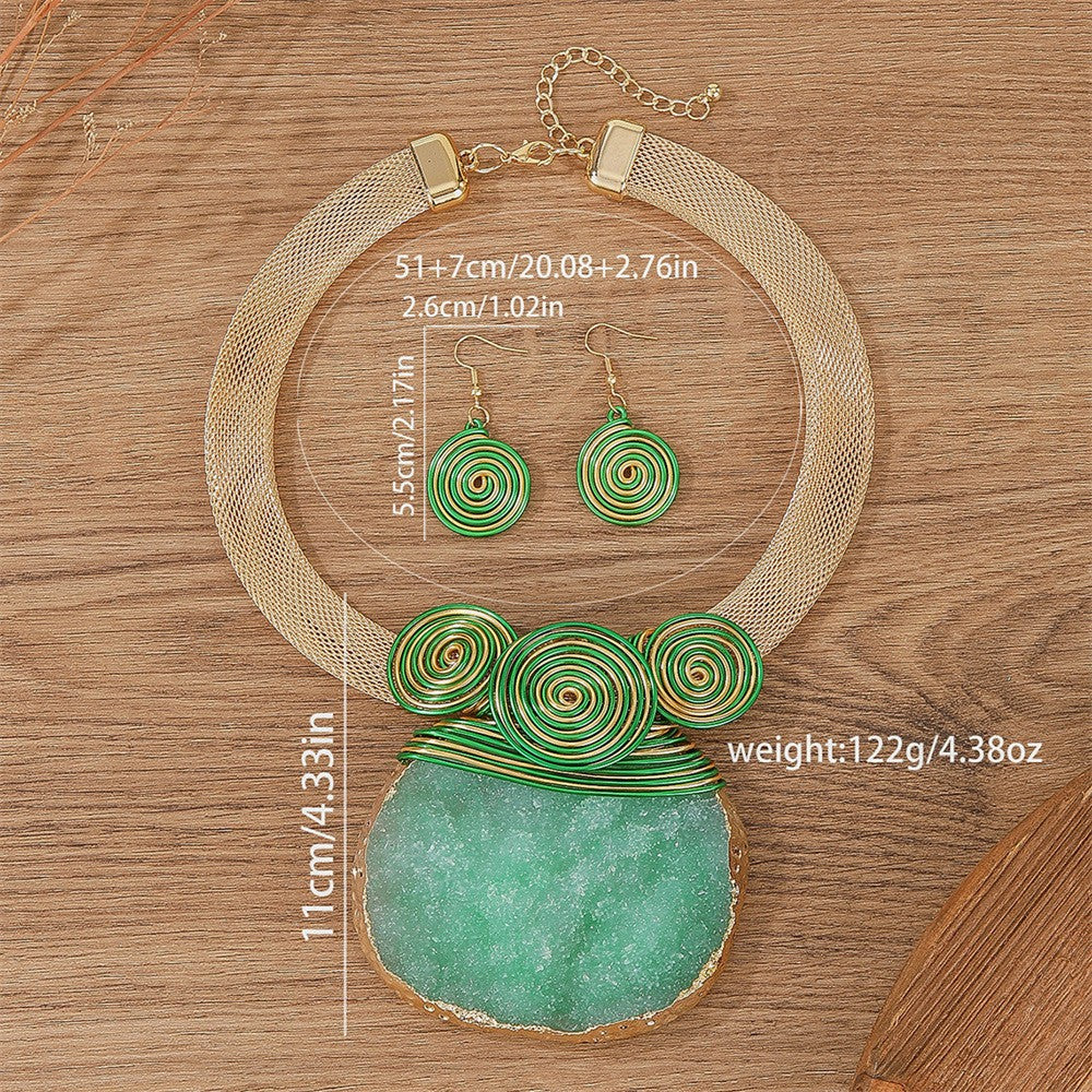 Boho Green Stone Spiral Collar Necklace & Earring Set