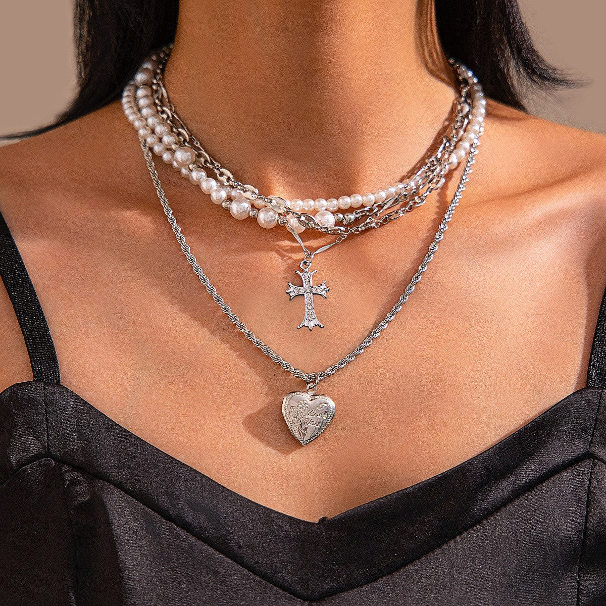Classy Layered Faux Pearl Cross Heart Necklace
