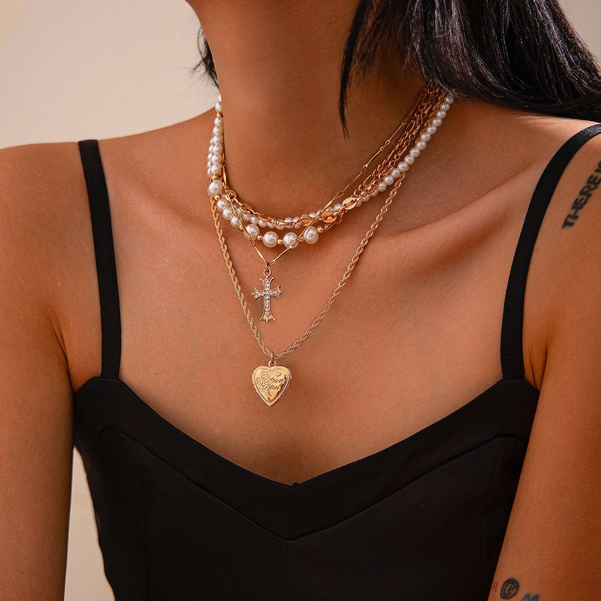 Classy Layered Faux Pearl Cross Heart Necklace