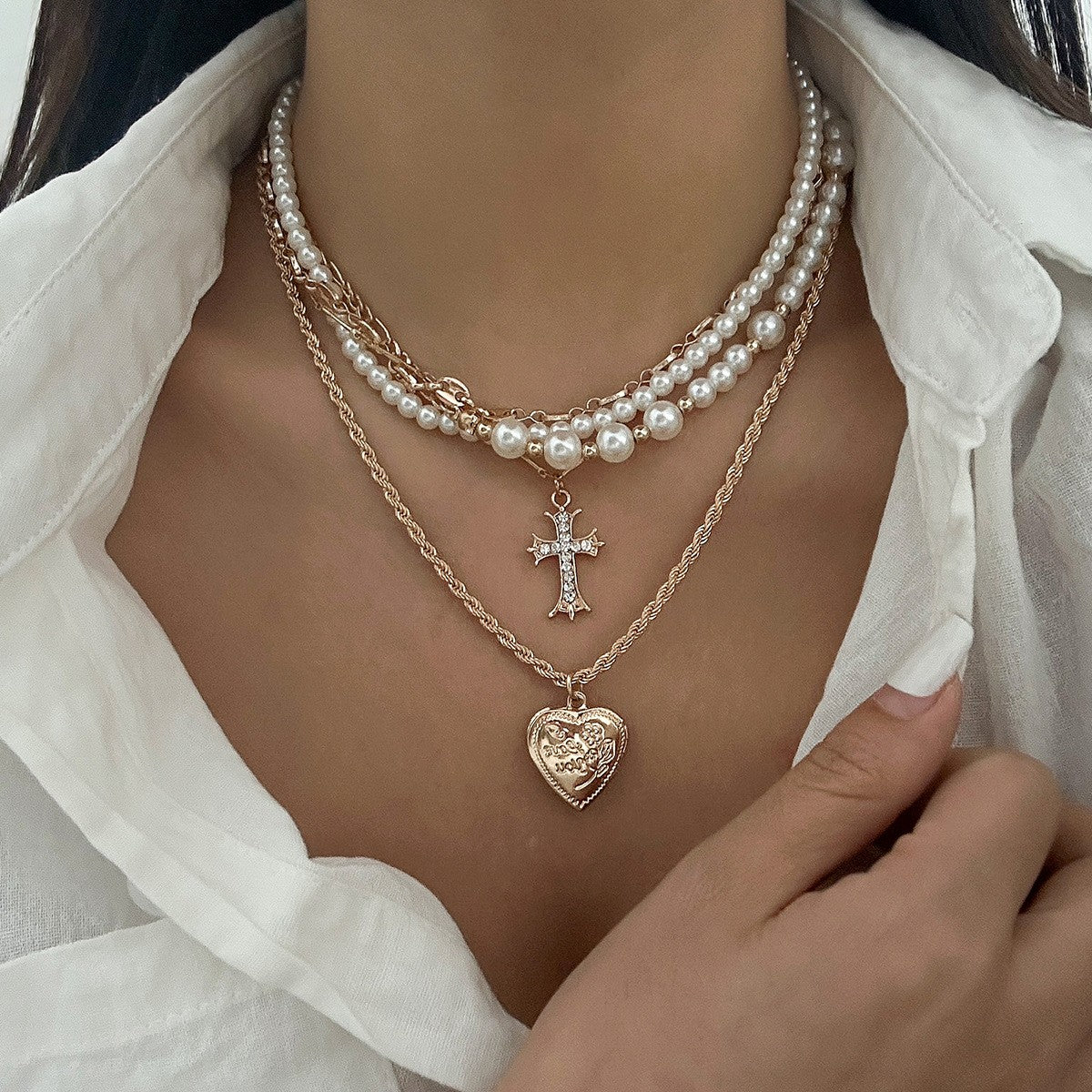 Classy Layered Faux Pearl Cross Heart Necklace
