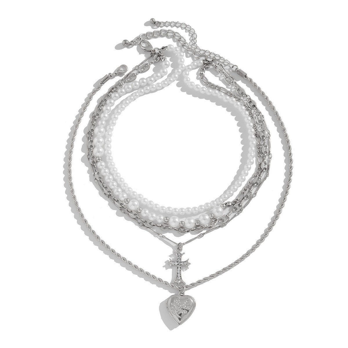 Classy Layered Faux Pearl Cross Heart Necklace