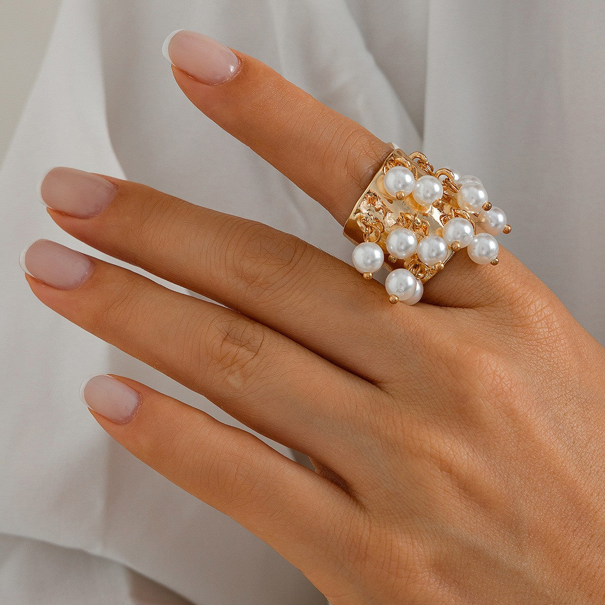 Boho Vintage Faux Pearl Fringe Open Ring