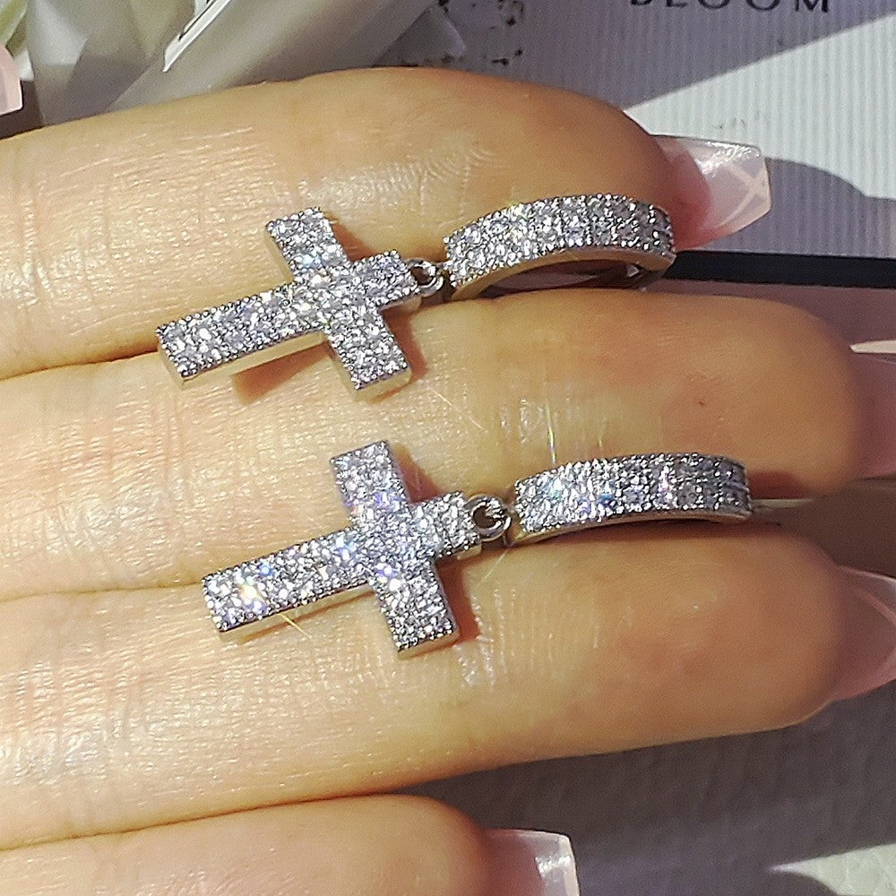 Classy Pave Cross Dangle Hoop Earrings
