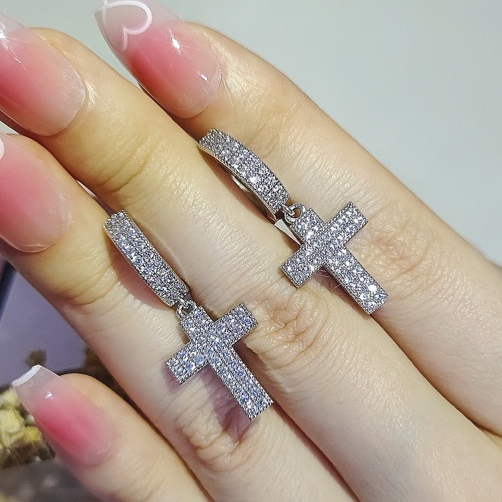 Classy Pave Cross Dangle Hoop Earrings