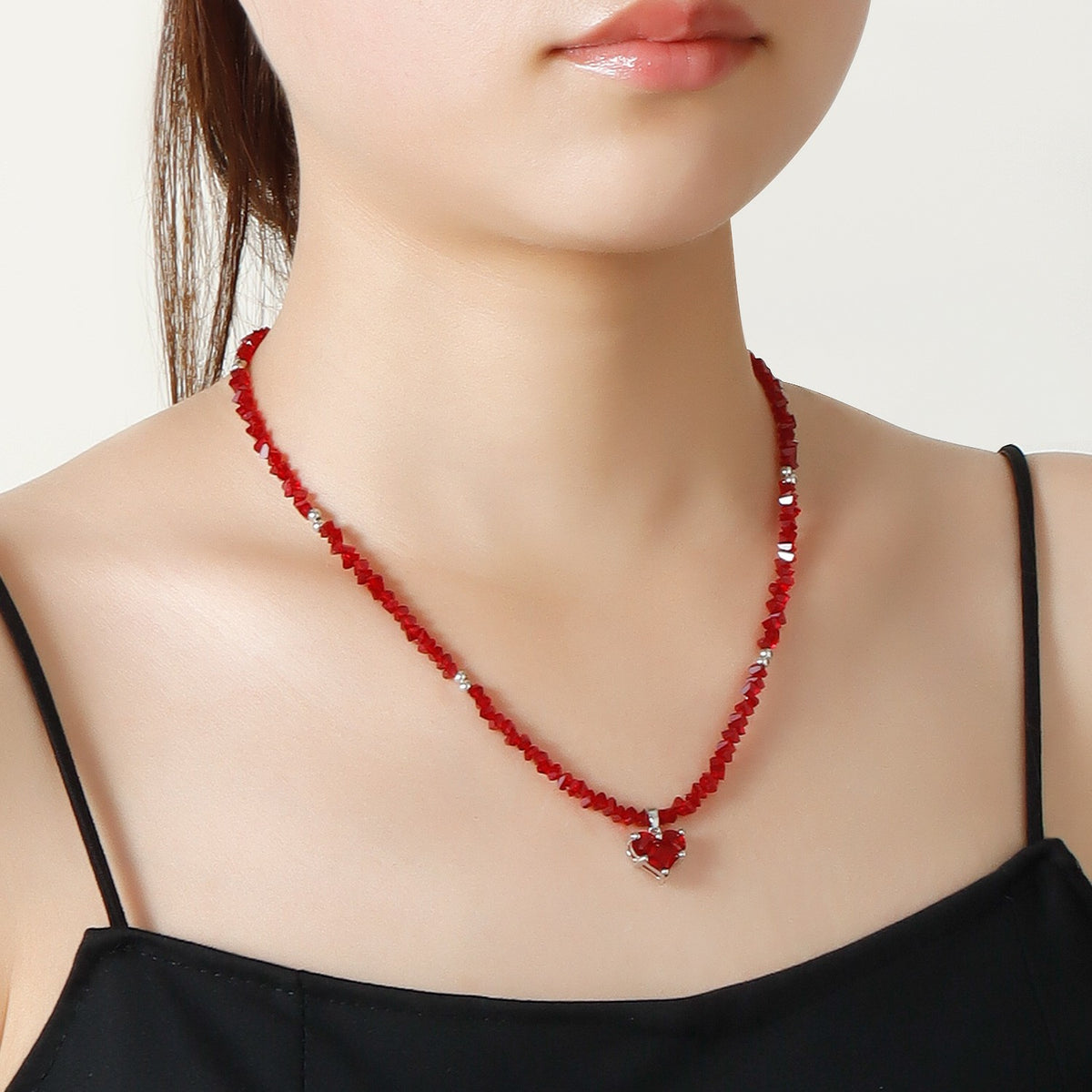 Romantic Red Beaded Heart Necklace