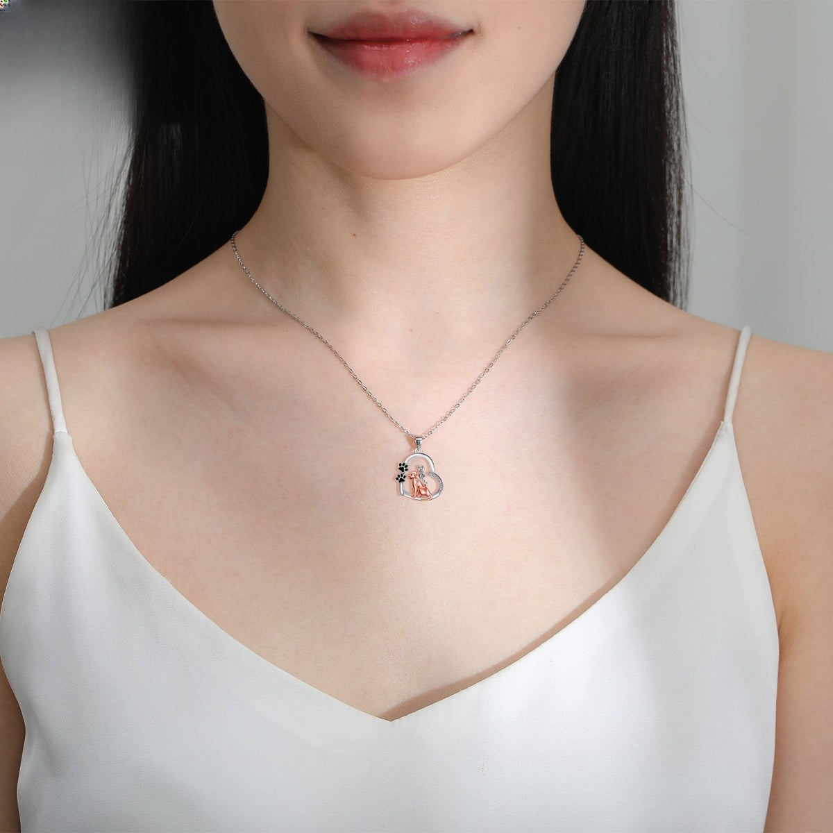 Romantic Rose Gold Girl and Dog Heart Necklace